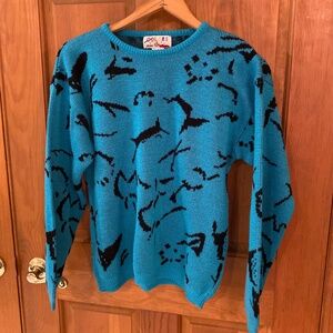 Colors by Brooks Vintage Size Small Blue Sweater with Black Design